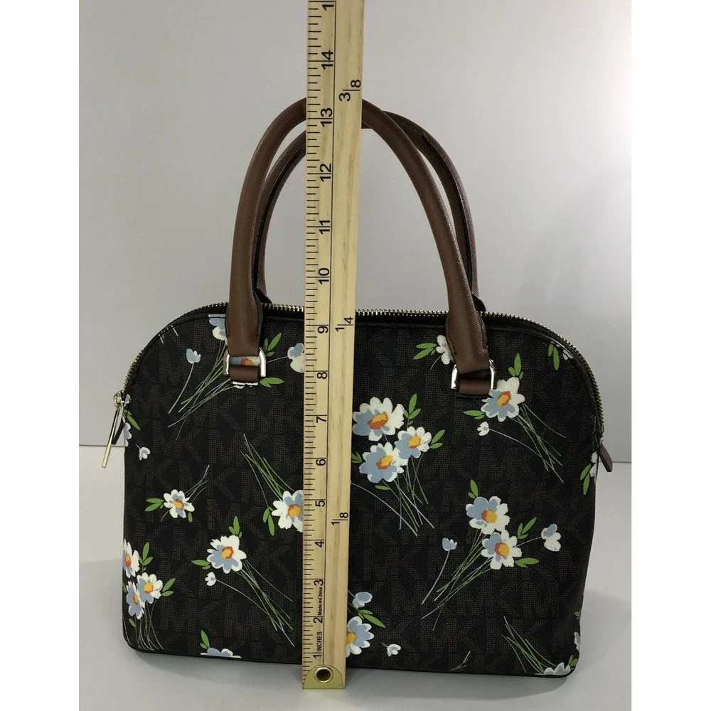 Michael Kors Cindy Dome Satchel‎ Brown White Blue Floral Handbag Purse MK Logo